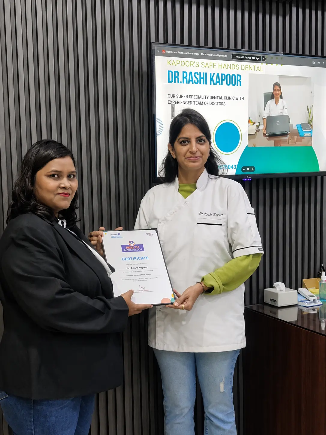 Dr. Rashi Kapoor receiving the Health Ambassador recognition at Lotus Valley International School, Gurugram