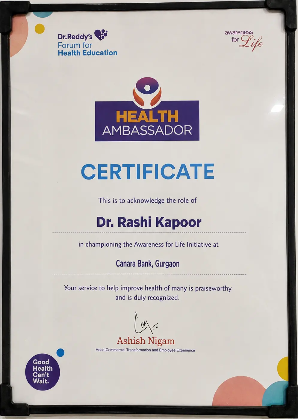 Certificate recognizing Dr. Rashi Kapoor as Health Ambassador at Canara Bank, Gurugram