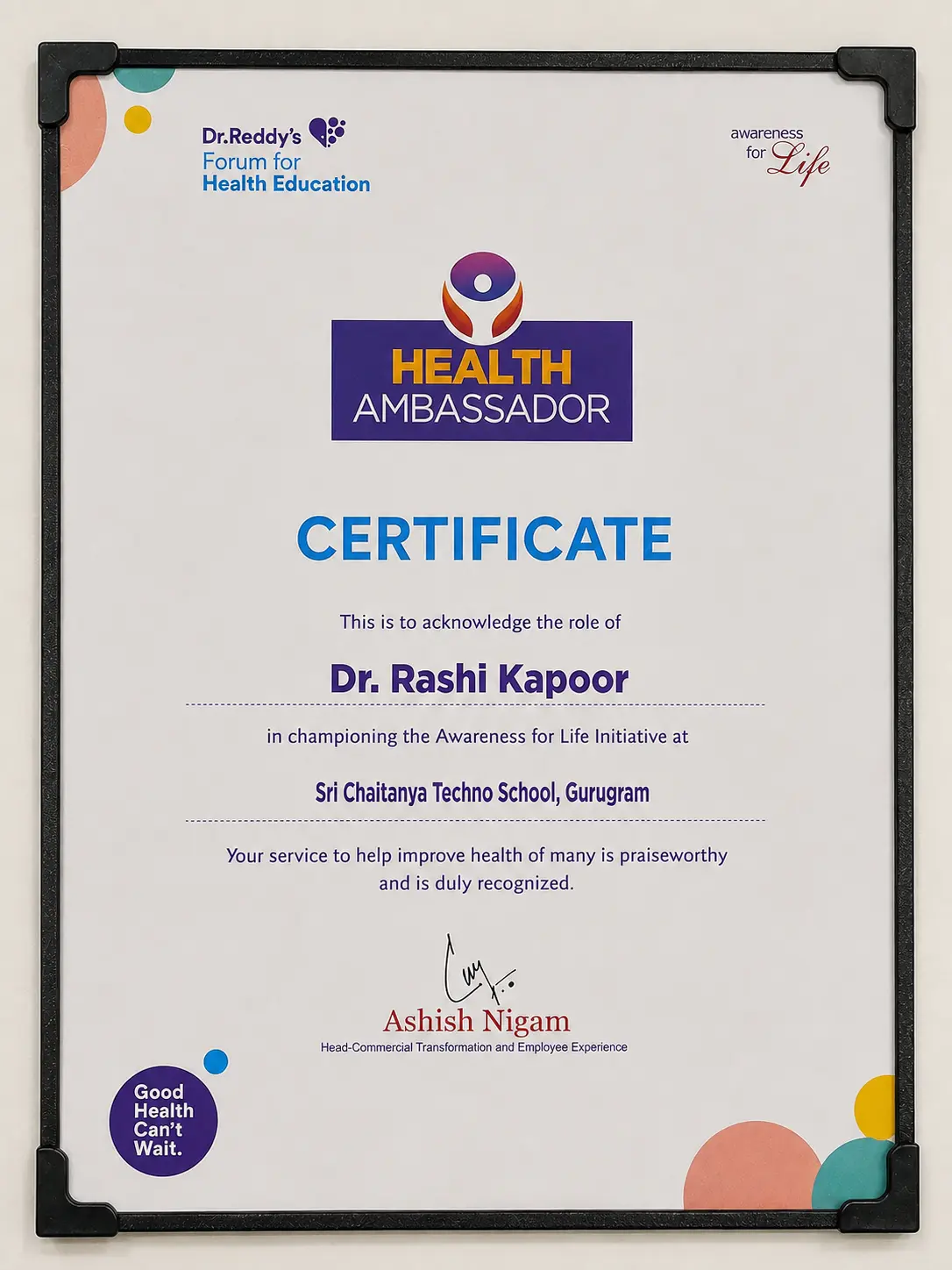 Certificate recognizing Dr. Rashi Kapoor as Health Ambassador at Sri Chaitanya Techno School, Gurugram