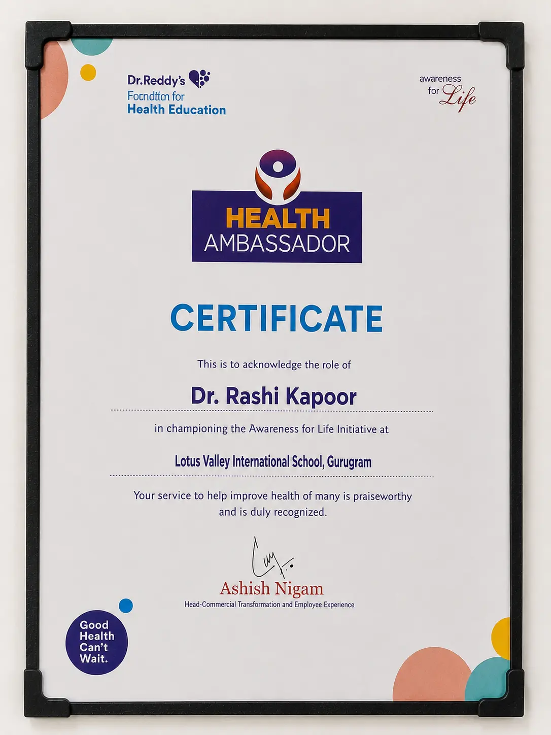 Certificate recognizing Dr. Rashi Kapoor as Health Ambassador at Lotus Valley International School, Gurugram